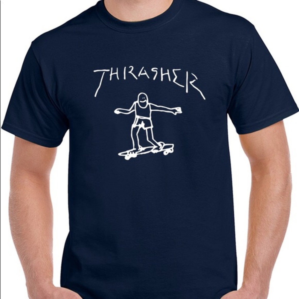 Thrasher logo t shirt size large navy blue